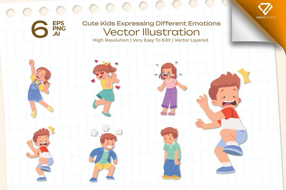 Premium Cute Kids Expressing Different Emotions Vector Illustration