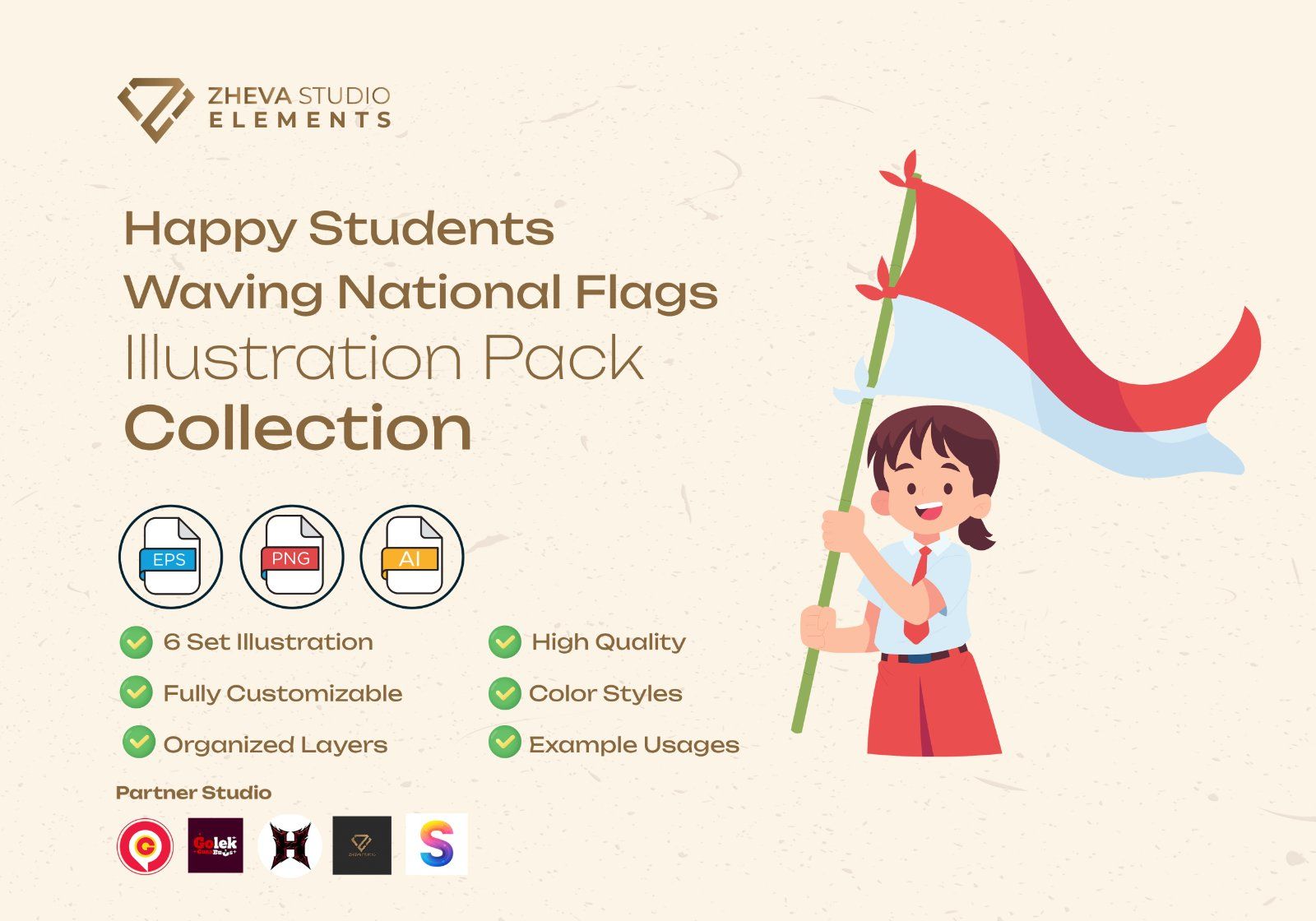 Premium Happy Students Waving National Flags Vector Illustration – 6 EPS & PNG Files