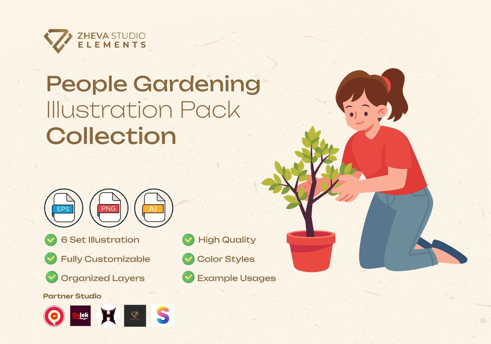 Premium People Gardening Vector Illustration – 6 EPS & PNG Files
