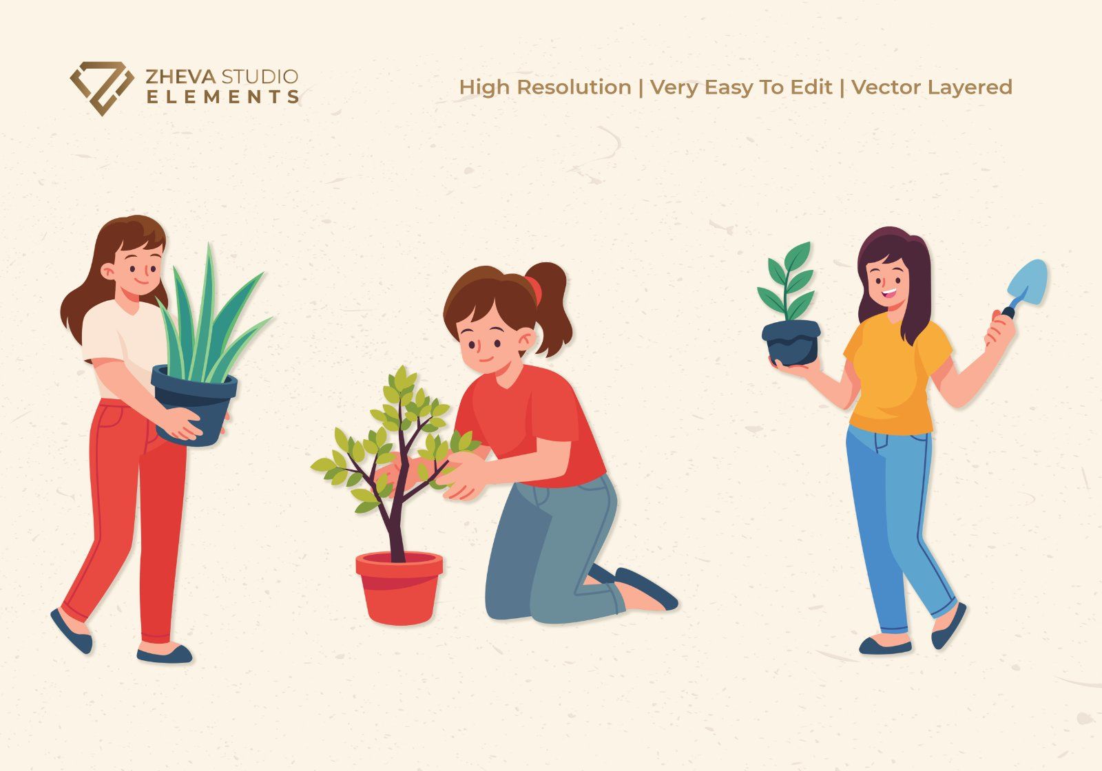 Premium People Gardening Vector Illustration – 6 EPS & PNG Files