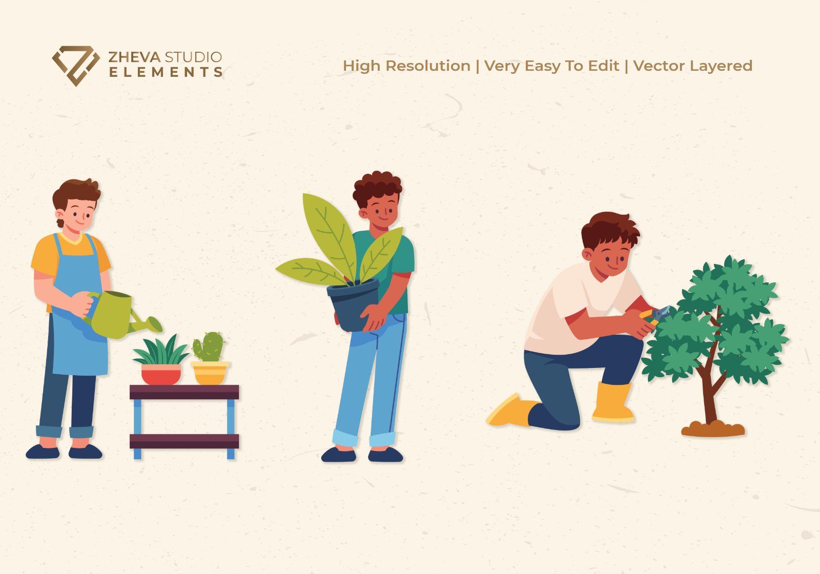 Premium People Gardening Vector Illustration – 6 EPS & PNG Files
