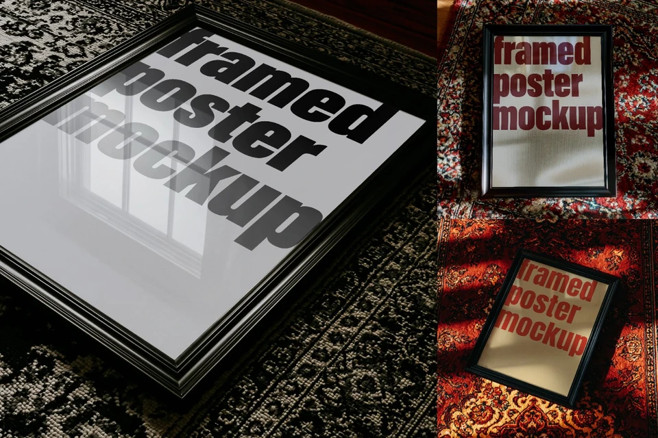 Vintage Rug Frame Mockup Bundle - 3 PSD Poster Mockups | A4, A3, A5 | Moody Interior Collection