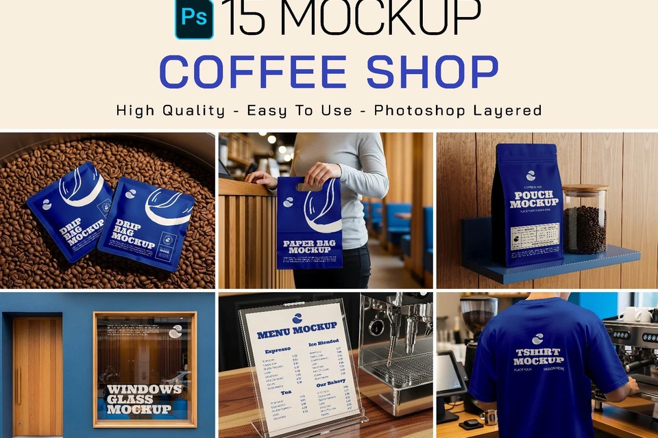 Premium Branding Blue Cafe Coffee Shop Mockup