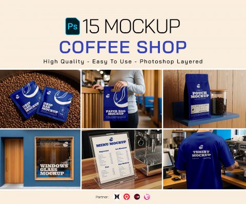 Premium Branding Blue Cafe Coffee Shop Mockup