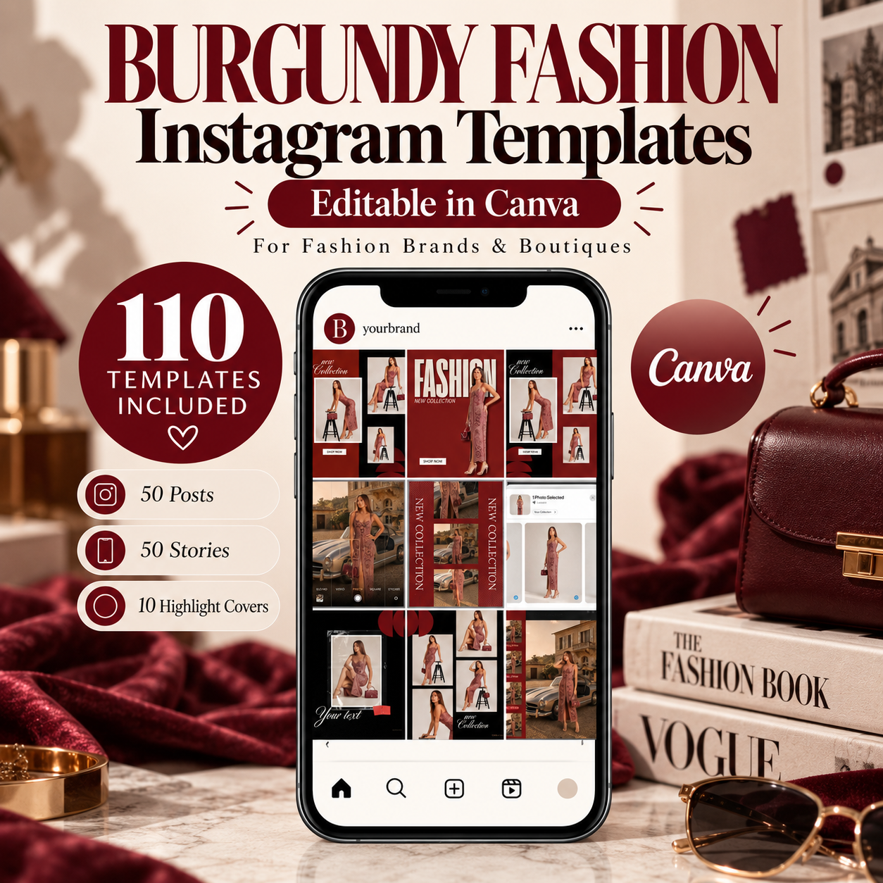 Burgundy Fashion Instagram Templates, Canva Social Media Kit for Clothing Brands — image 1
