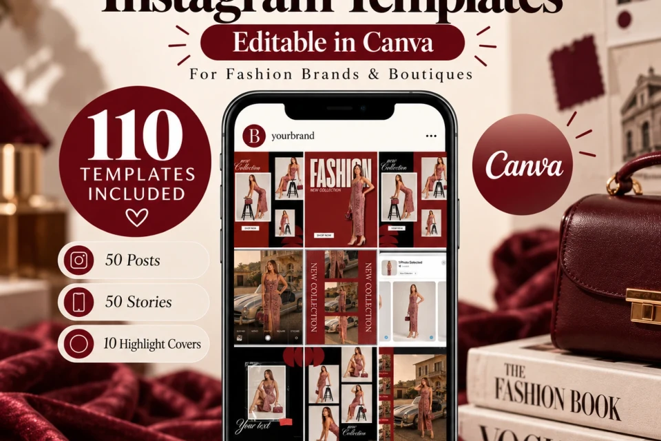 Burgundy Fashion Instagram Templates, Canva Social Media Kit for Clothing Brands