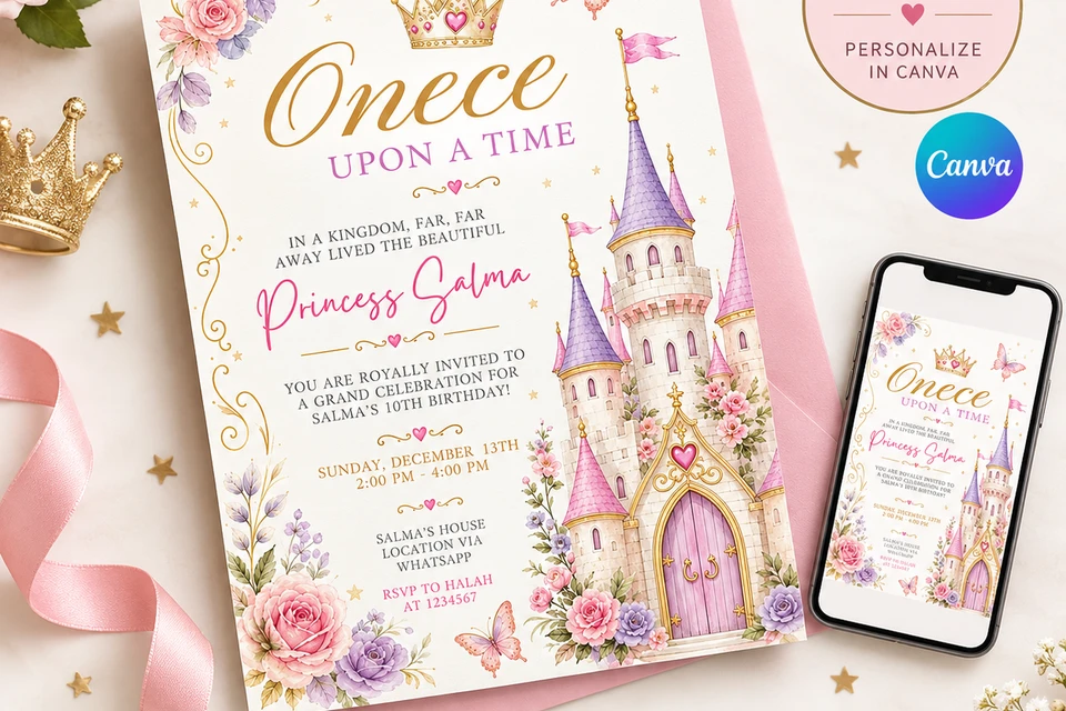 Princess Birthday Invitation | Fairytale Castle Editable Canva Template
