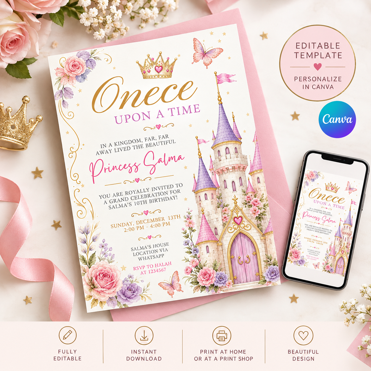 Princess Birthday Invitation | Fairytale Castle Editable Canva Template — image 1