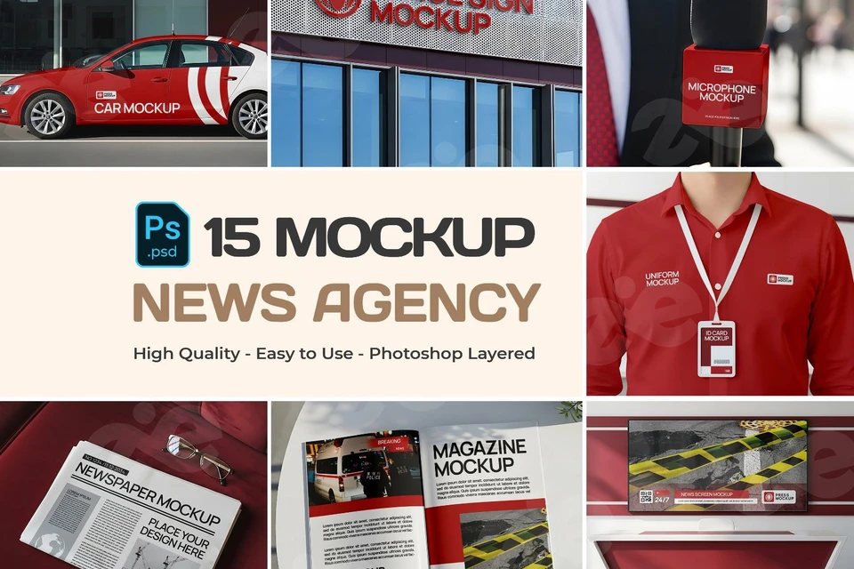 News Agency Mockup Bundle – 15 PSD Templates for Media, Press & Broadcasting Branding