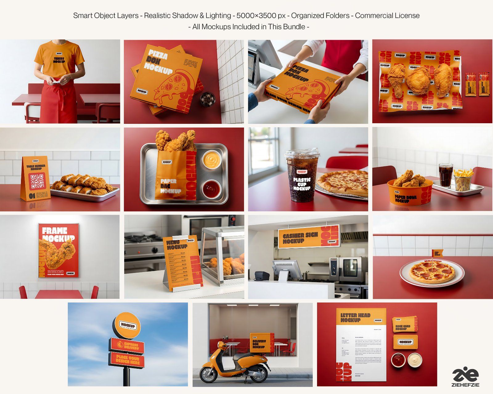 Fast Food Restaurant Mockup Set for Pizza & Fried Chicken Branding.