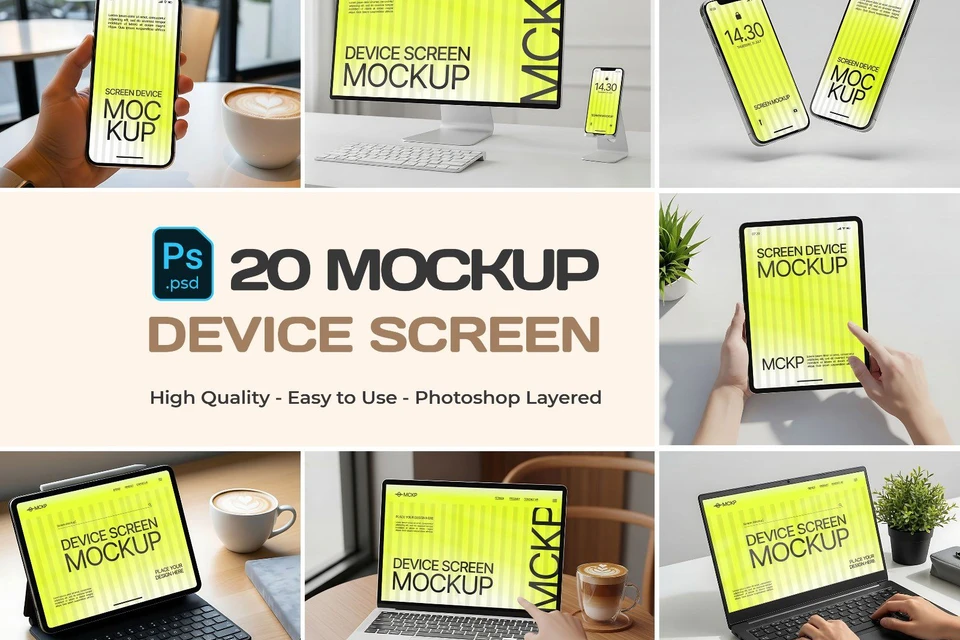 Device Screen Mockup Bundle – 20 PSD Templates for Phone, Tablet & Laptop Designs