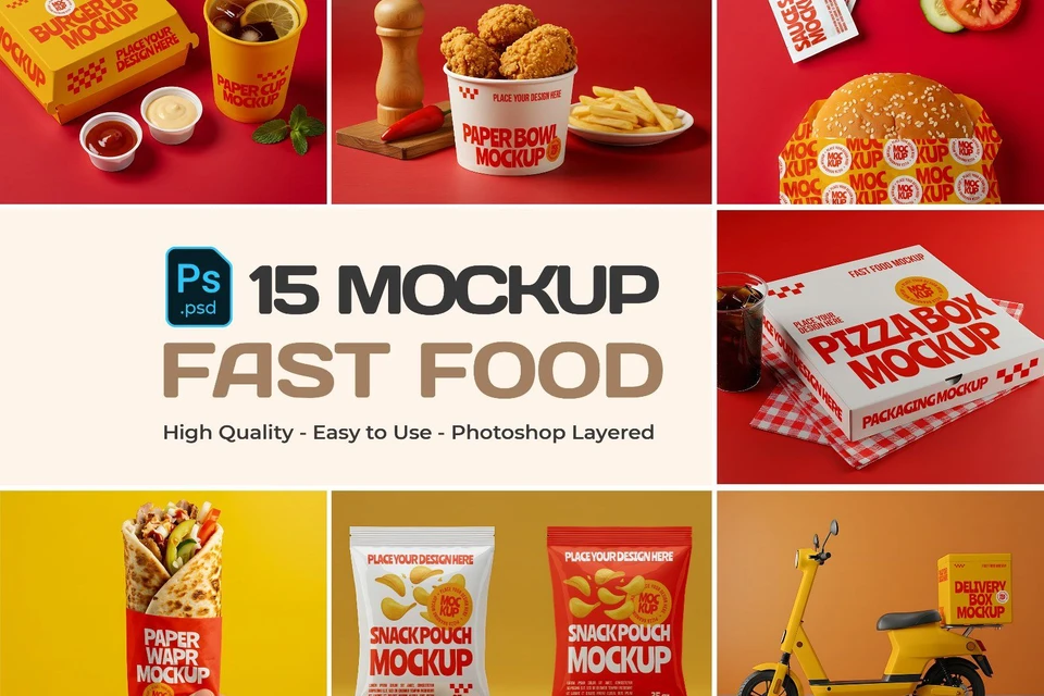15 Fast Food Packaging Mockups – Burger, Pizza Box, Wrap, Snack Pouch & Delivery Kit