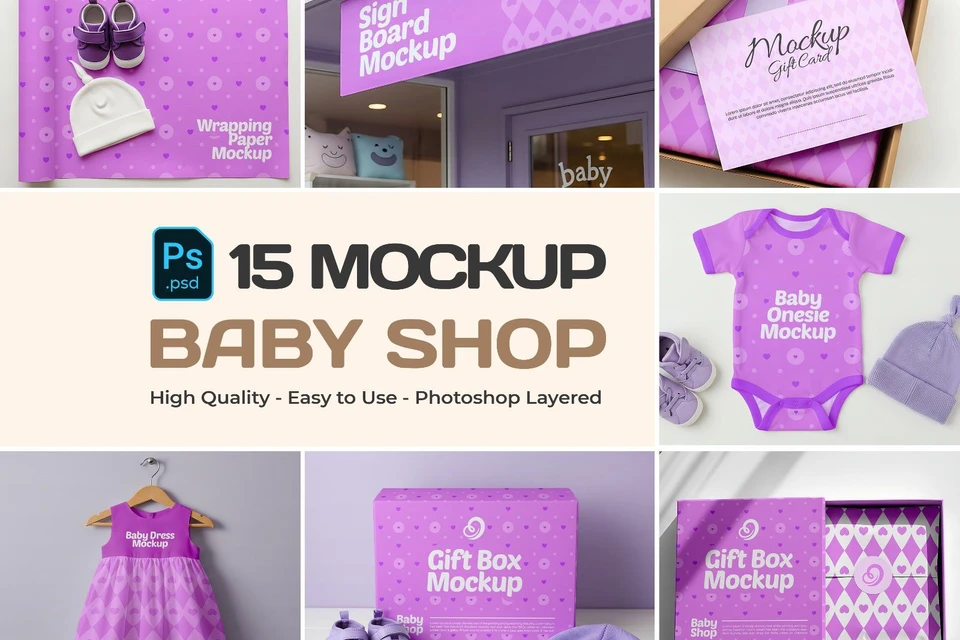 15 Baby Shop Mockups – PSD Onesie, Dress, Gift Box, Sign, Wrapping & Tag Kit