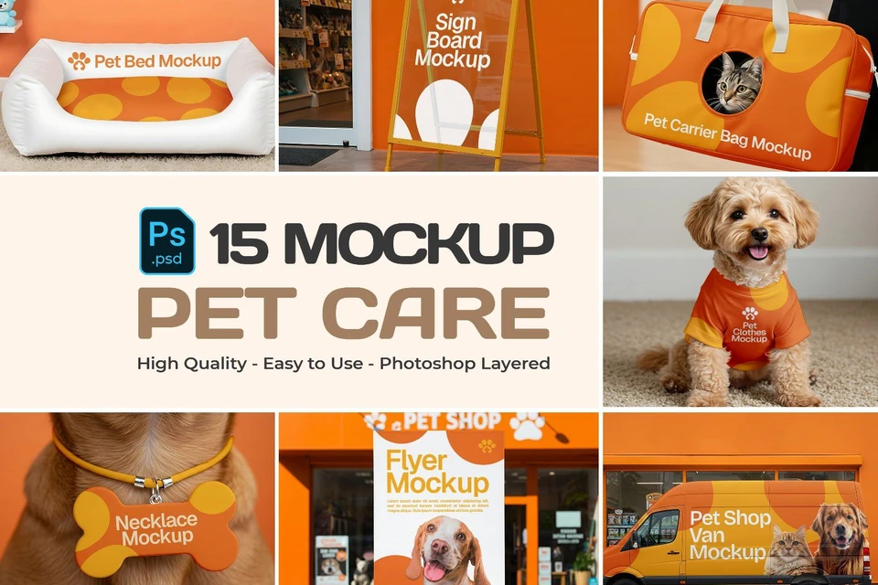 15 Pet Care Mockups – PSD Bed, Clothes, Van, Flyer & Branding Kit for Animal Retail