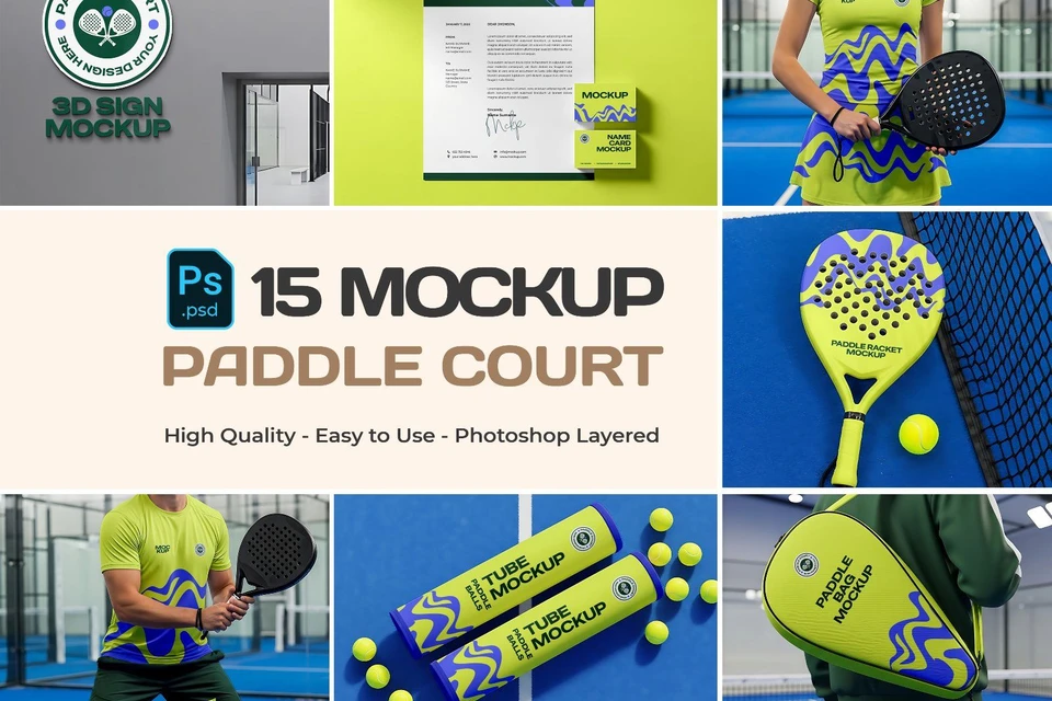 Paddle Court Mockup Bundle – 15 PSD Templates for Sports Branding & Equipment Design