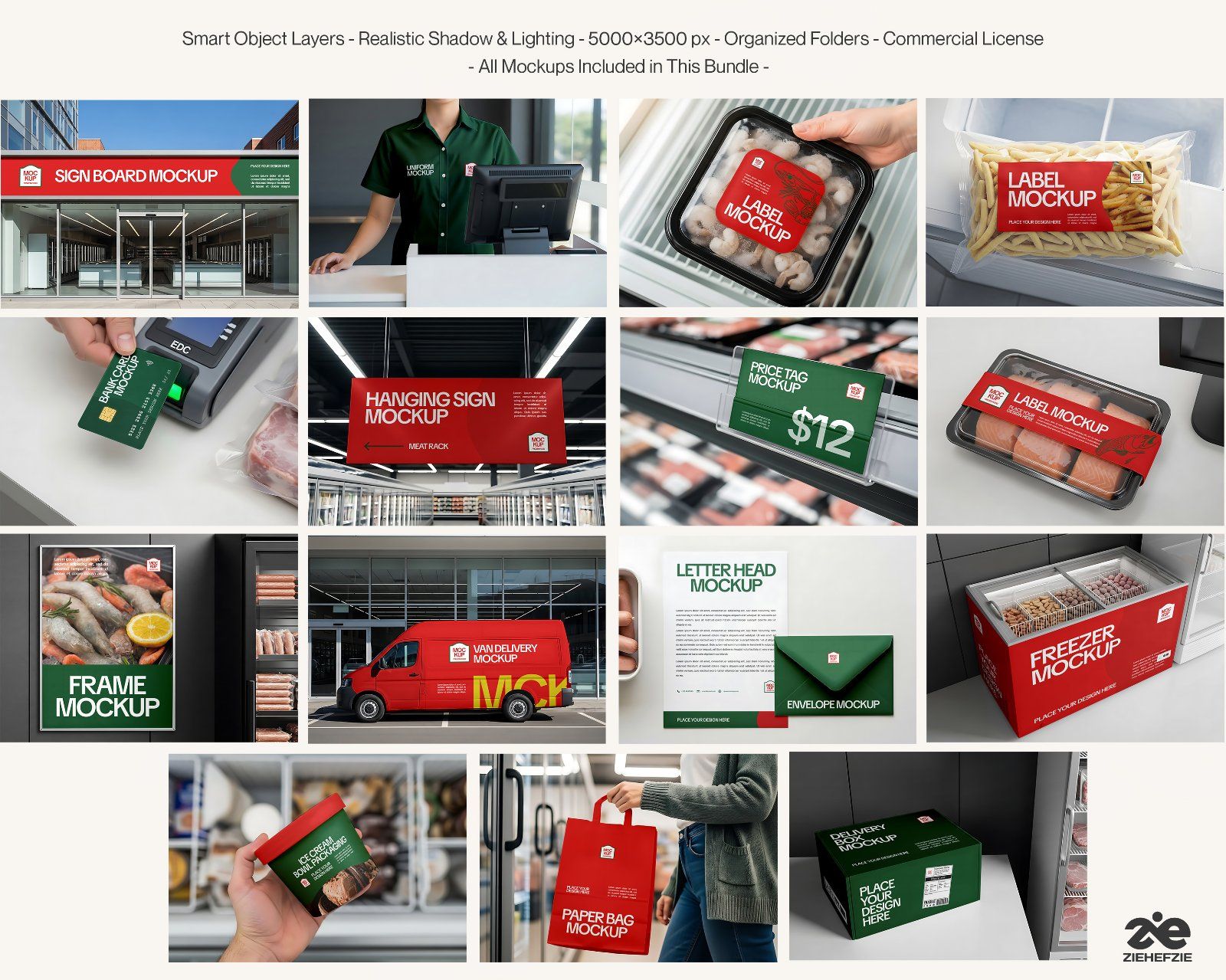 Frozen Food Store Mockup Bundle PSD – Freezer, Packaging & Price Tag Display