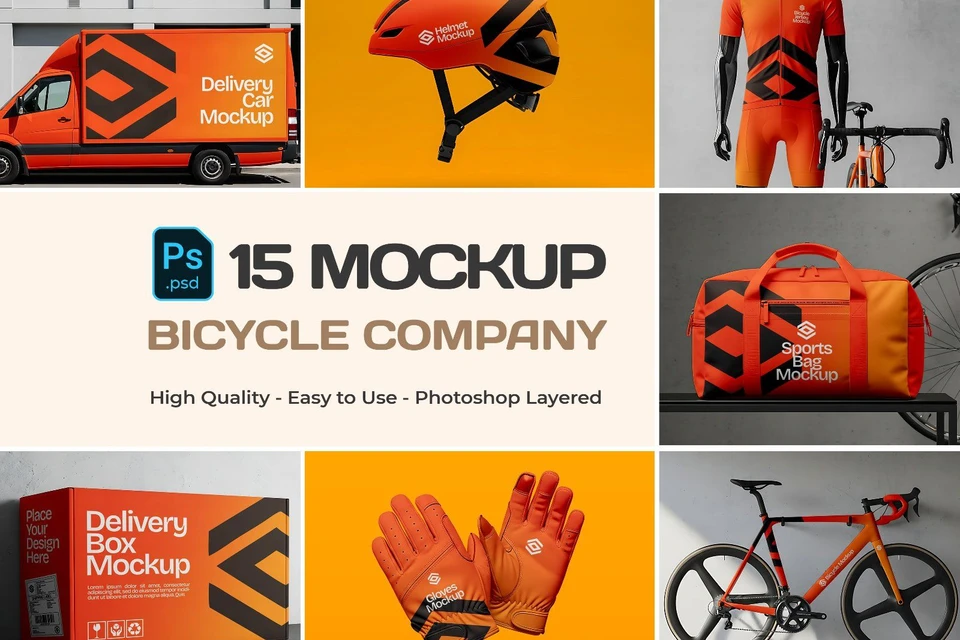 Bicycle Company Mockup Bundle – 15 PSD Templates for Cycling Brand & Gear Design