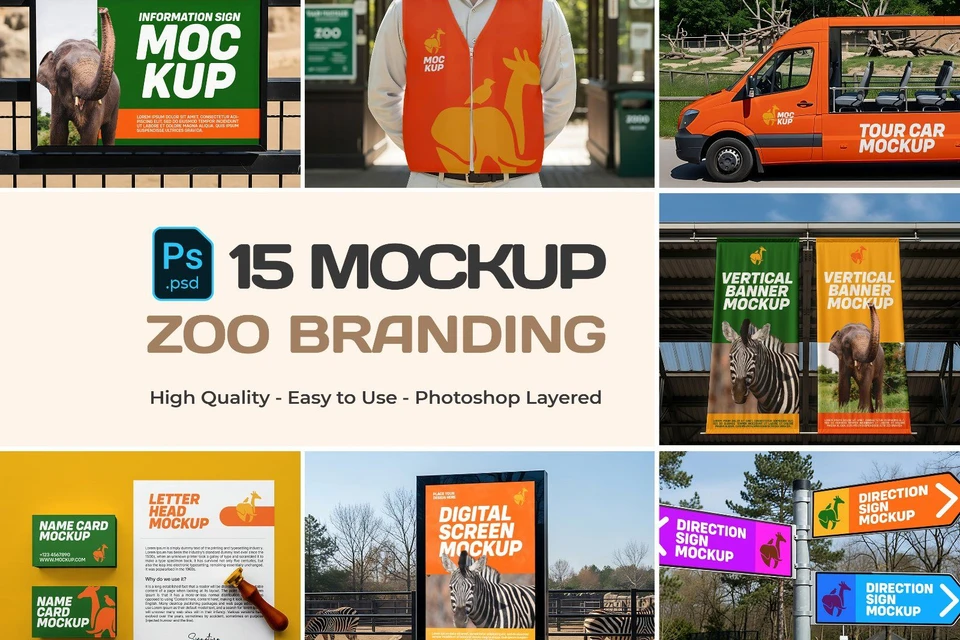 Zoo Branding Mockup Bundle – 15 PSD Templates for Wildlife Park & Animal Conservation Designs