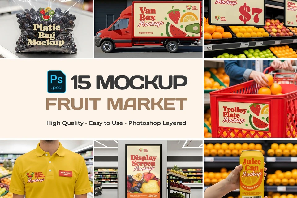 Fruit Market Mockup Kit – Juice Can, Plastic Bag, Price Tag, Cart, Uniform & More