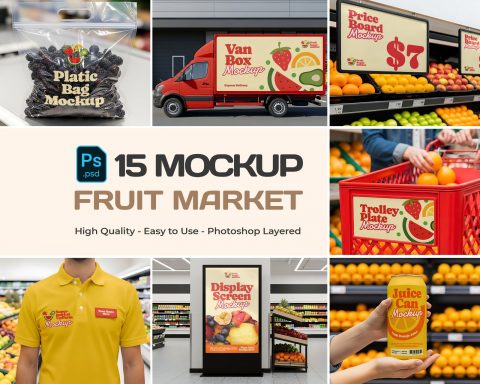 Fruit Market Mockup Kit – Juice Can, Plastic Bag, Price Tag, Cart, Uniform & More