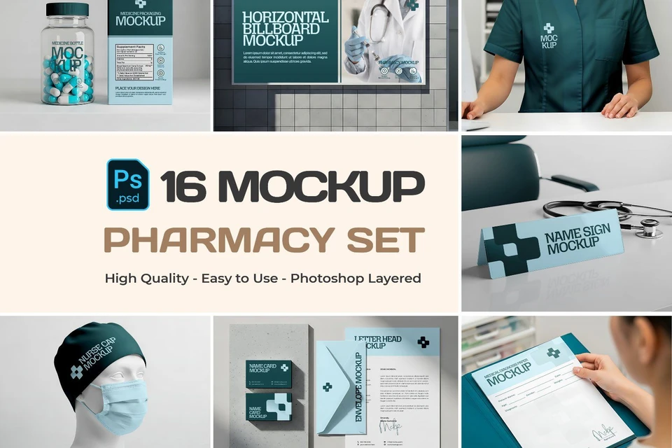 Pharmacy & Medical Branding Mockup Bundle – 16 High Quality PSD Templates for Professional Healthcar