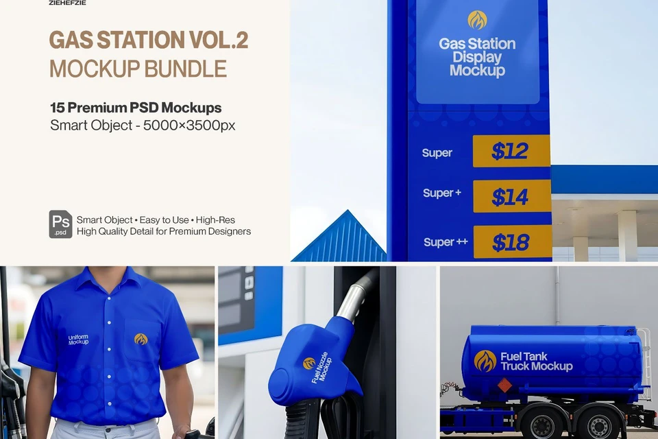 Gas Station Branding Mockup Bundle Vol.2 – 15 Premium PSD | Fuel Pump, Display Board, Uniform & Tank