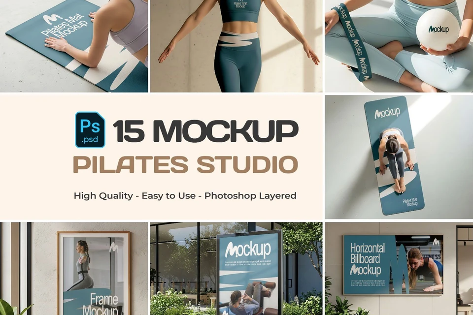 Pilates Studio Mockup Bundle – 15 PSD Templates for Fitness & Wellness Branding