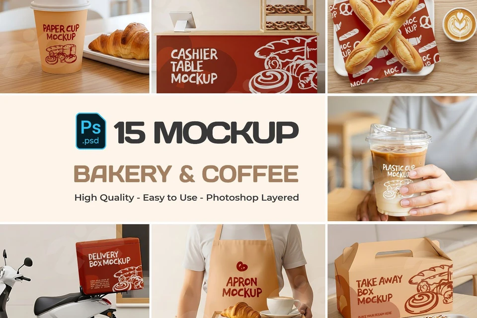 Bakery & Coffee Shop Mockup Bundle – 15 PSD Templates for Café Branding and Packaging Design