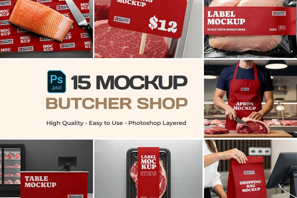 Meat & Fish Market Mockup Bundle – 15 PSD Templates for Butcher Shop Branding