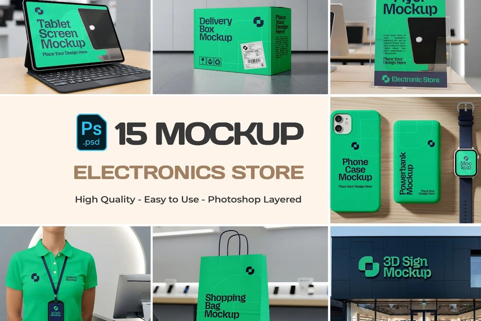 Electronics Store Branding Mockup Bundle – 15 PSD Templates for Device & Retail Design