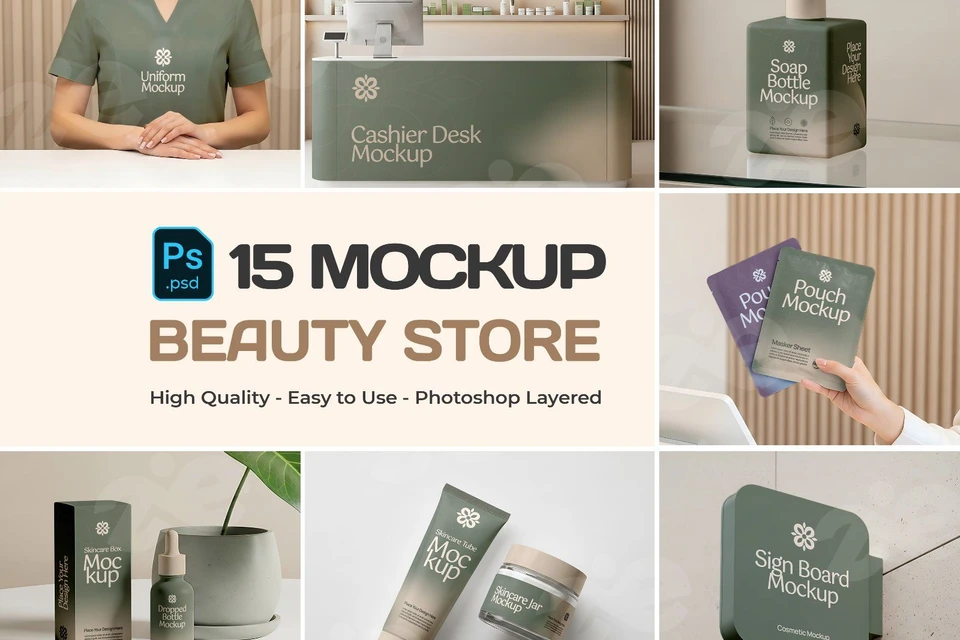 Premium Beauty Store Mockup Bundle – 15 PSD Templates for Cosmetic Branding & Skincare Packaging Des