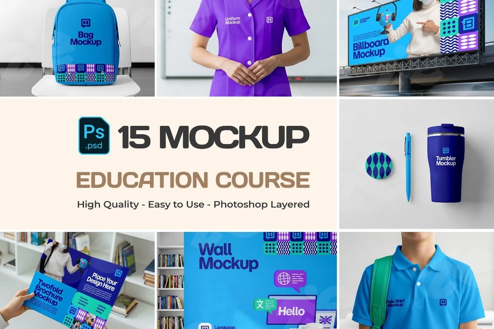 Education Course Branding 15 Mockup Bundle   Classroom, Billboard, Uniform & Stationery