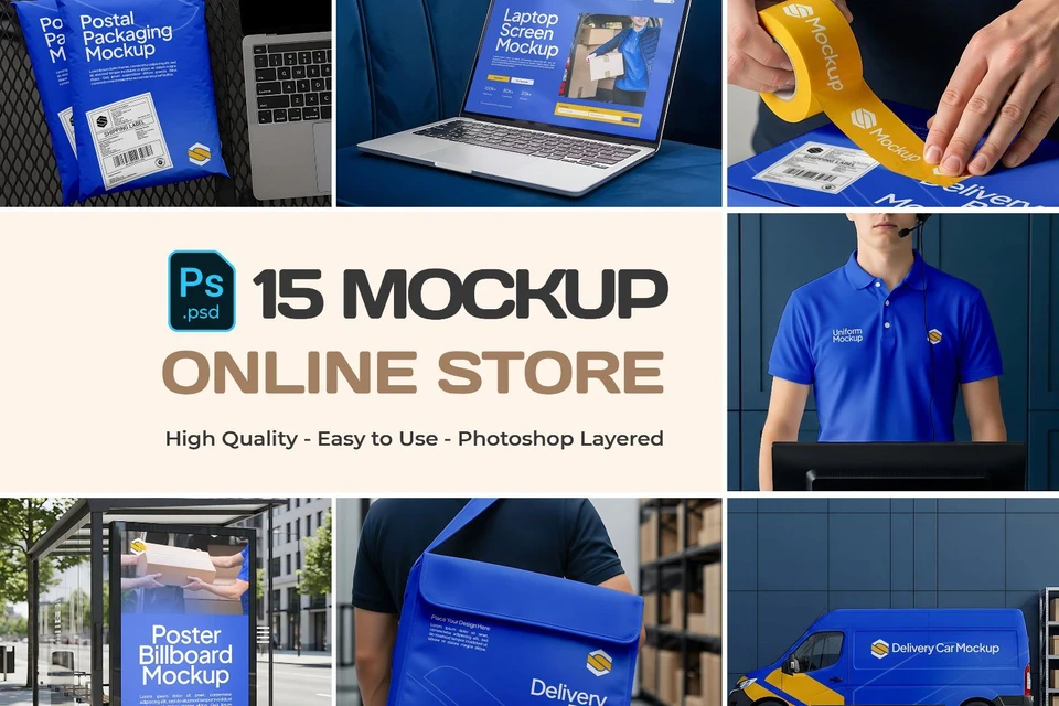 Online Store Mockup Bundle – 15 PSD Templates for E-Commerce & Delivery Branding