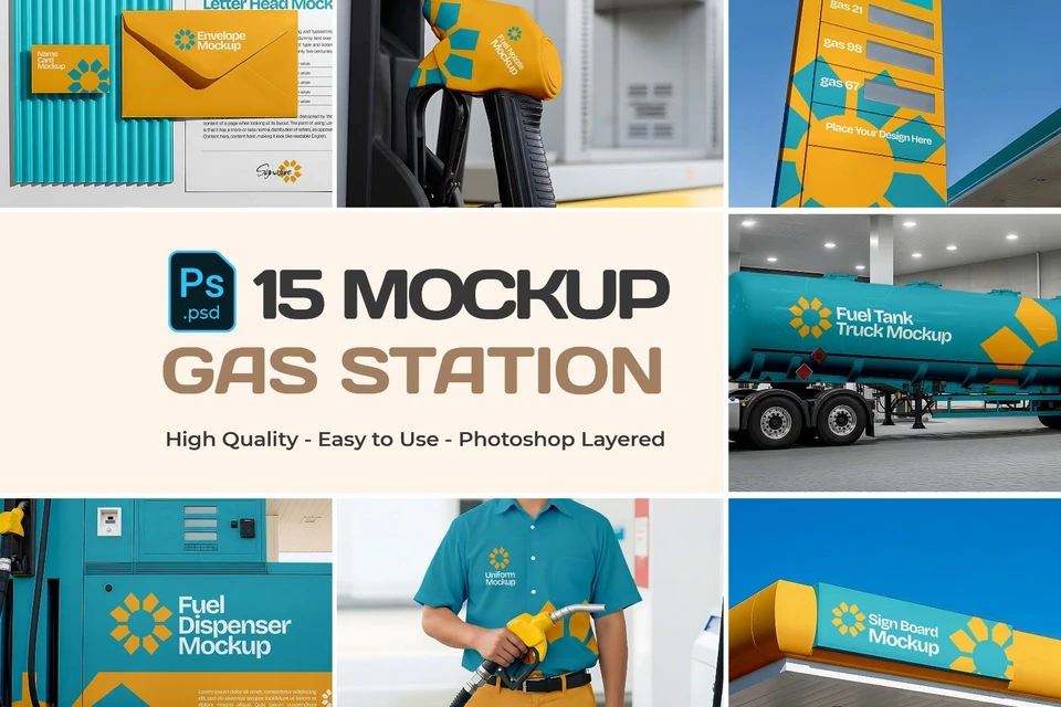 15 PSD Gas Station Branding Mockup Kit – Fuel Dispenser, Truck, Uniform, Billboard Design