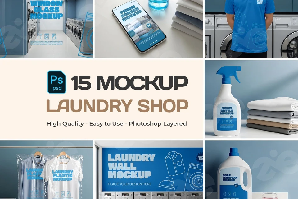 Laundry Shop Mockup Bundle – 15 PSD Templates for Branding, Packaging, and Interior Display