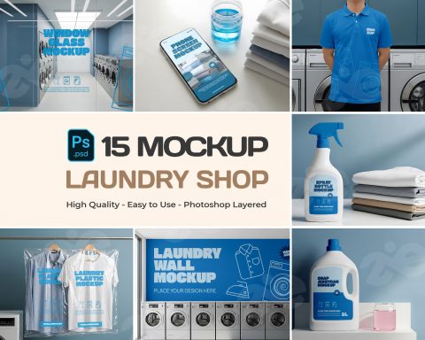 Laundry Shop Mockup Bundle – 15 PSD Templates for Branding, Packaging, and Interior Display