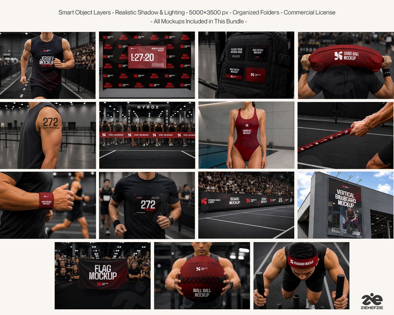 Premium Hybrid Race Event Mockup Bundle – 15 Tactical Sports PSD Scenes for Fitness Racing, Hyrox &