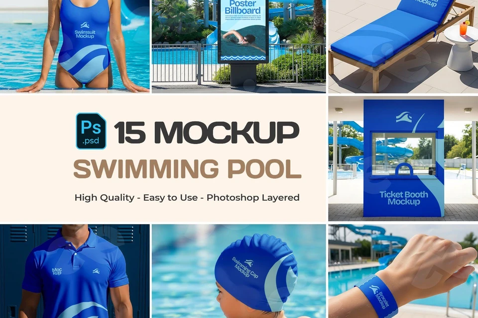 Swimming Pool Mockup Bundle – 15 PSD Templates for Aquatic Center & Sport Branding