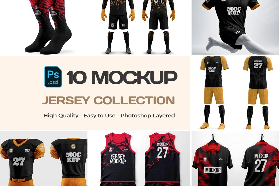 10 PSD Jersey Mockup Bundle – Football, Basketball, Polo, Soccer & Sportswear Uniform Kit
