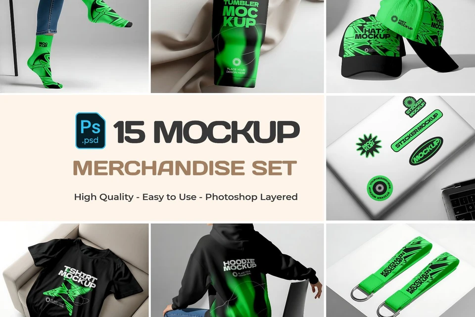 Merchandise Mockup Bundle – 15 PSD Templates for Apparel & Promo Product Design