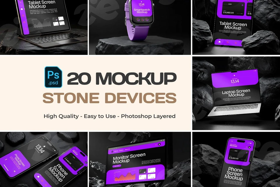 Stone Devices Mockup Bundle – 20 PSD Templates for Tech & UI Presentation Design