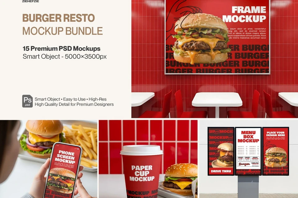 Burger Restaurant Branding Mockup Bundle | 15 Premium PSD Mockups | Fast Food Packaging & Menu Mocku