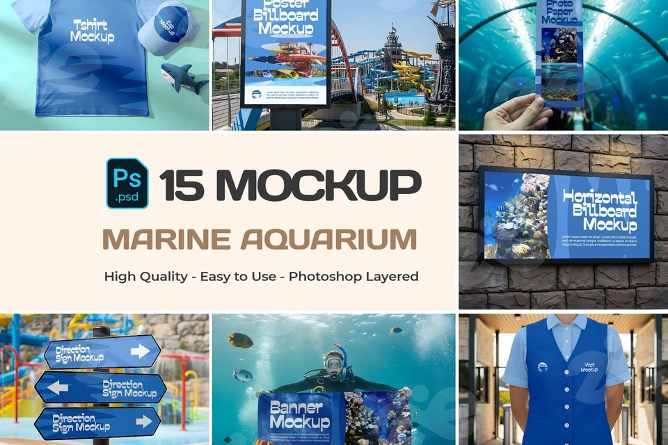 Marine Aquarium Mockup Bundle – 15 PSD Templates for Ocean Park & Underwater Branding