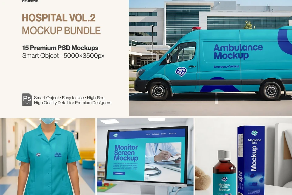 Hospital Mockup Bundle Vol.2 – Medical Branding PSD Pack (Ambulance, Nurse Uniform, Medicine Bottle,