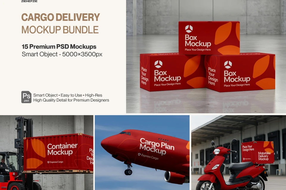 15 Cargo Delivery Mockups – PSD Van, Truck, Plane, Train & Container Branding Kit