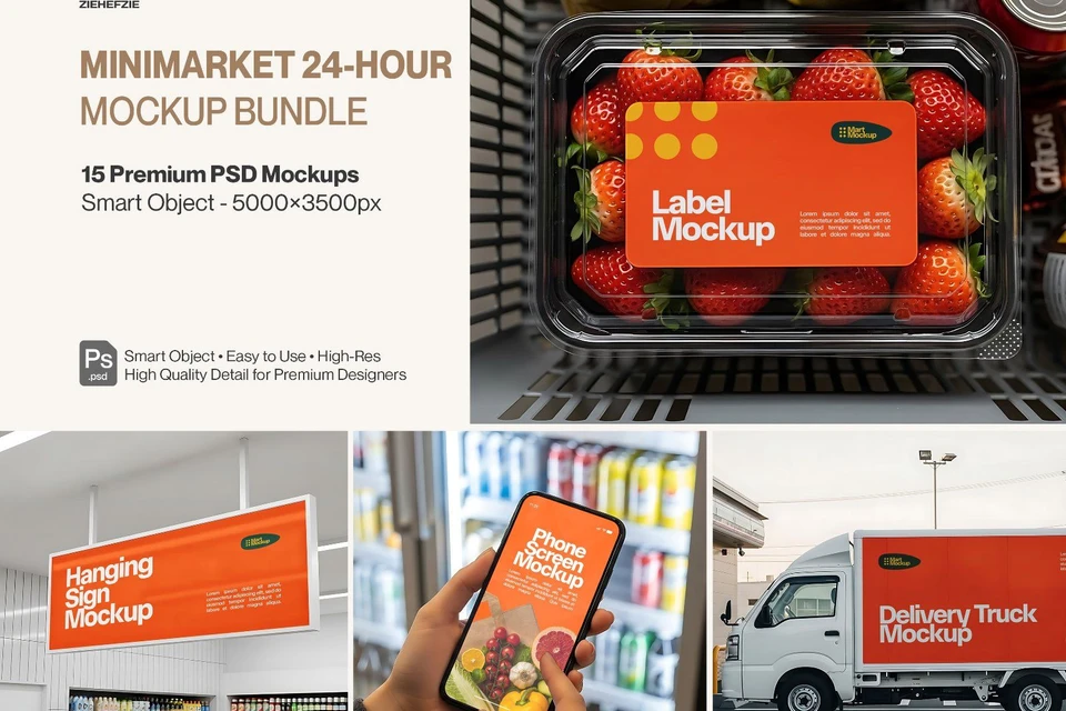 Minimarket 24-Hour Mockup Bundle – 15 PSD Mockup Retail Branding PSD Mockups