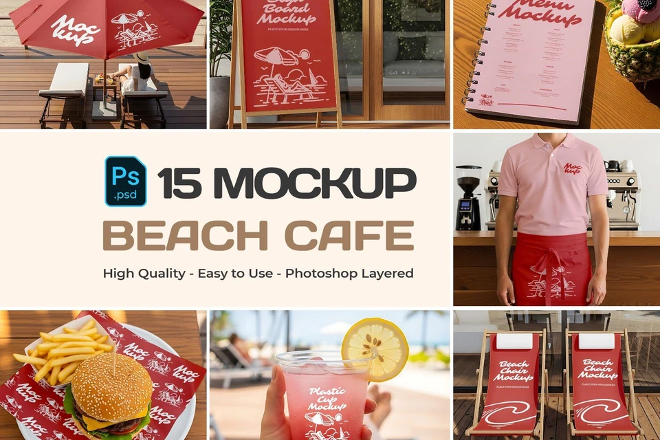 Beach Cafe Tropical PSD Set for Summer Restaurant, Juice Bar & Burger Shop