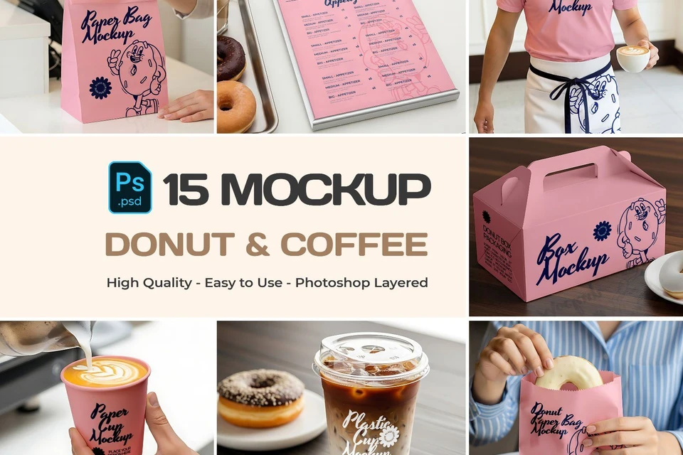 Branding Mockup Donut & Coffee Shop PSD – Cafe Scene Templates for Packaging, Cups, and Menu Design