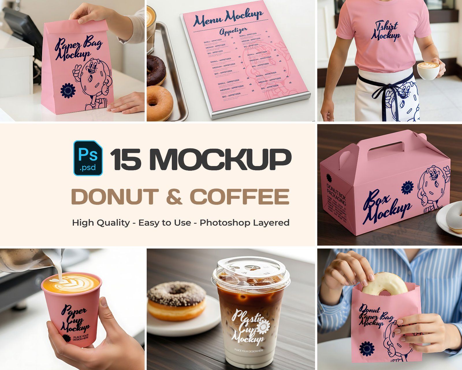 Branding Mockup Donut & Coffee Shop PSD – Cafe Scene Templates for Packaging, Cups, and Menu Design