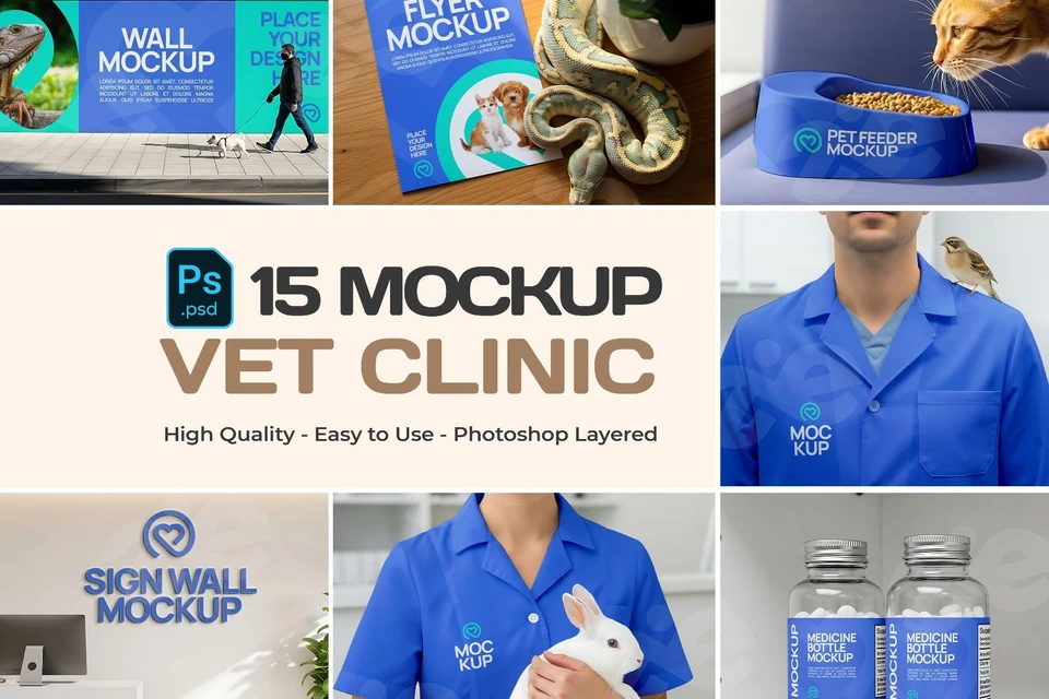 Vet Clinic Mockup Bundle – 15 PSD Templates for Animal Care & Pet Health Branding